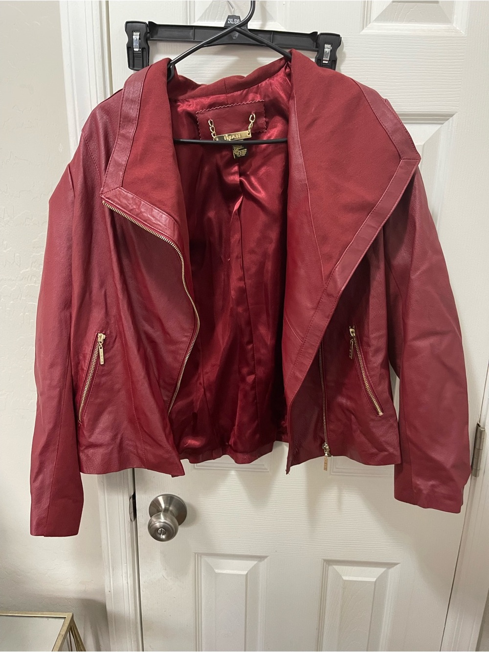 IMAN Deep Red genuine Leather Asymmetrical Zip Jacket